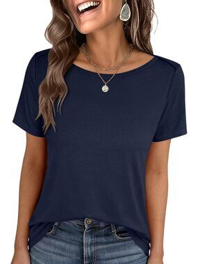 Women's Navy Blue Boat Neck Tops Short Sleeve T-Shirts Causal Fashion Clothes